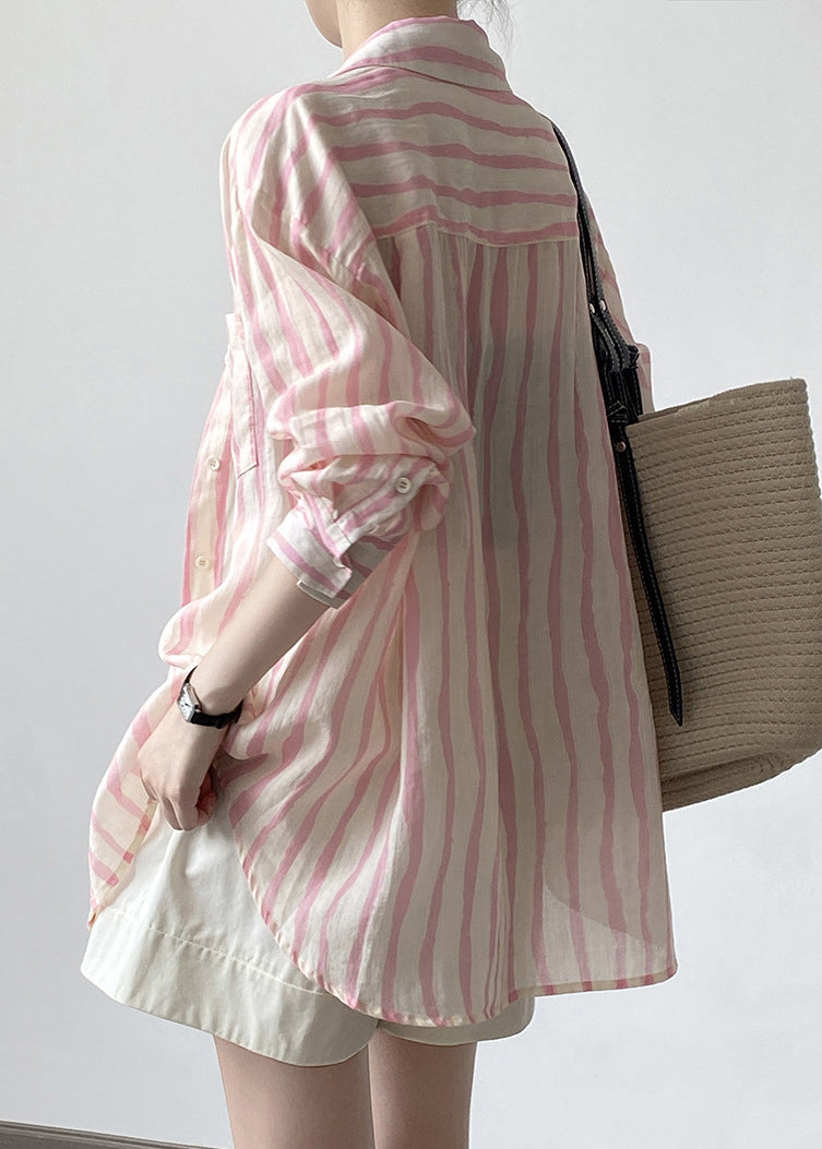 Women Pink Peter Pan Collar Striped Linen Shirt Tops Fall QB035 HS-LTP241025