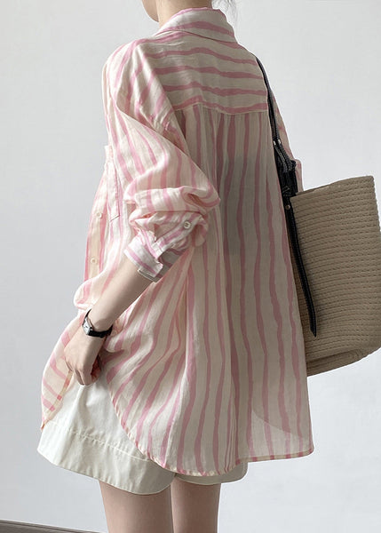 Women Pink Peter Pan Collar Striped Linen Shirt Tops Fall QB035 HS-LTP241025