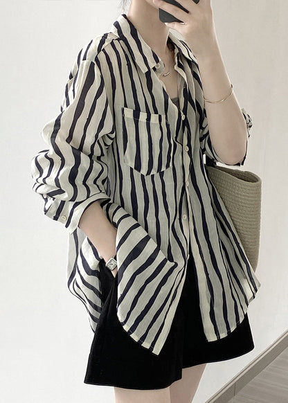 Women Pink Peter Pan Collar Striped Linen Shirt Tops Fall QB035 HS-LTP241025