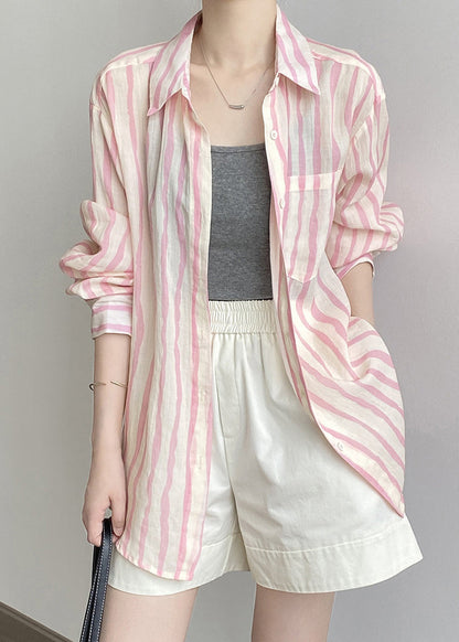 Women Pink Peter Pan Collar Striped Linen Shirt Tops Fall QB035 HS-LTP241025