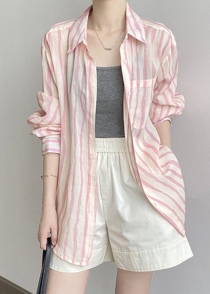 Women Pink Peter Pan Collar Striped Linen Shirt Tops Fall QB035 HS-LTP241025