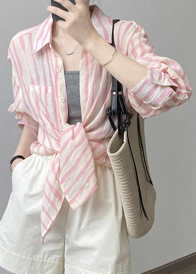 Women Pink Peter Pan Collar Striped Linen Shirt Tops Fall QB035 HS-LTP241025