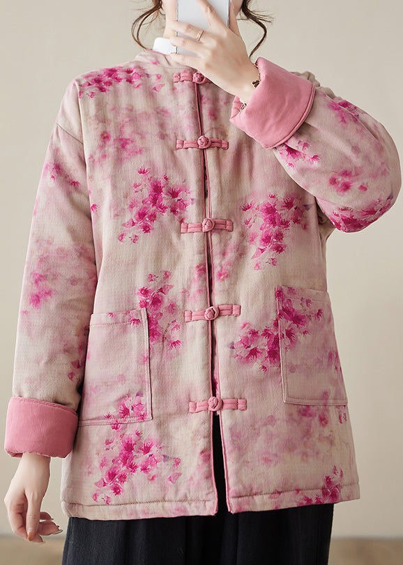 Women Pink Print Button Pockets Cotton Filled Parkas Winter QG024 OM-DJK241016