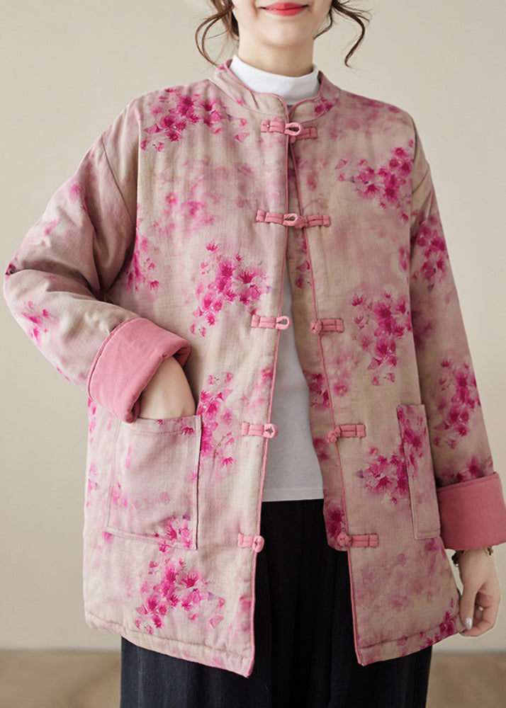 Women Pink Print Button Pockets Cotton Filled Parkas Winter QG024 OM-DJK241016