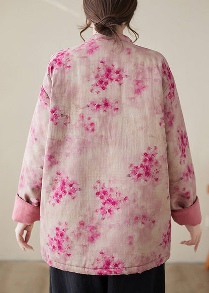 Women Pink Print Button Pockets Cotton Filled Parkas Winter QG024 OM-DJK241016