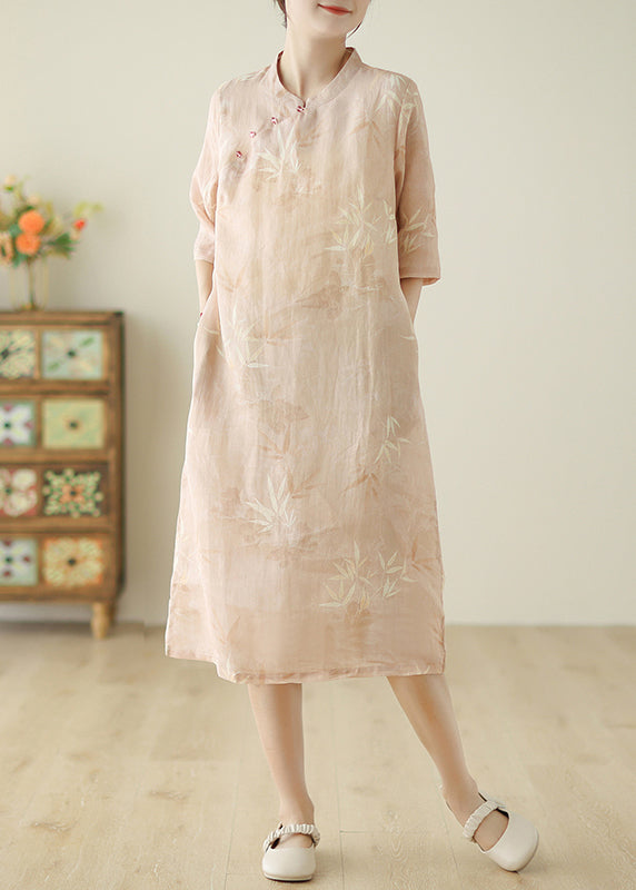 Women Pink Print Pockets Cotton Dress Half Sleeve JH047 MMDM-SDL240717