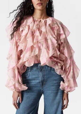 Shirt Women Tops Fall Patchwork Ruffled Chiffon Pink FashionChic
