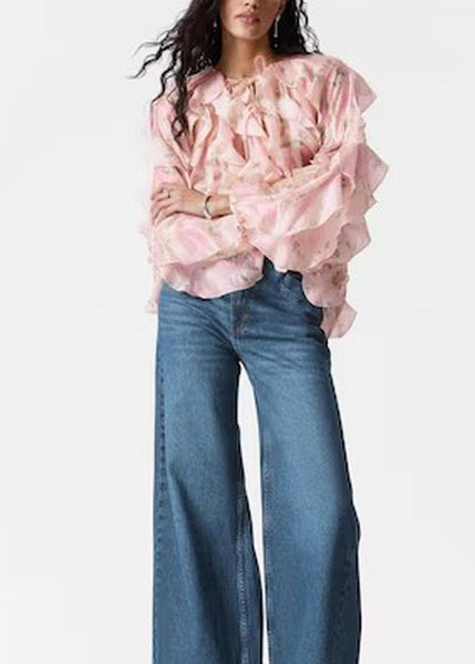 Shirt Women Tops Fall Patchwork Ruffled Chiffon Pink FashionChic