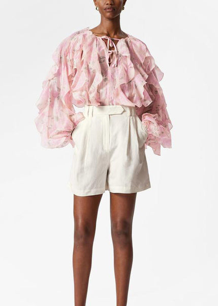 Shirt Women Tops Fall Patchwork Ruffled Chiffon Pink FashionChic