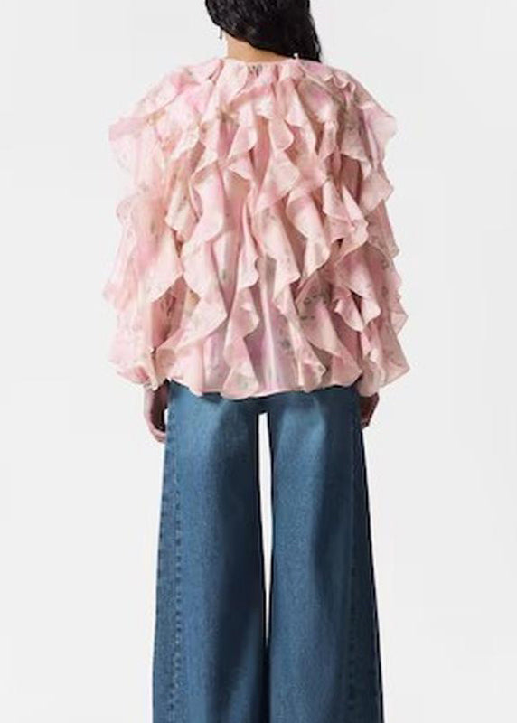 Shirt Women Tops Fall Patchwork Ruffled Chiffon Pink FashionChic