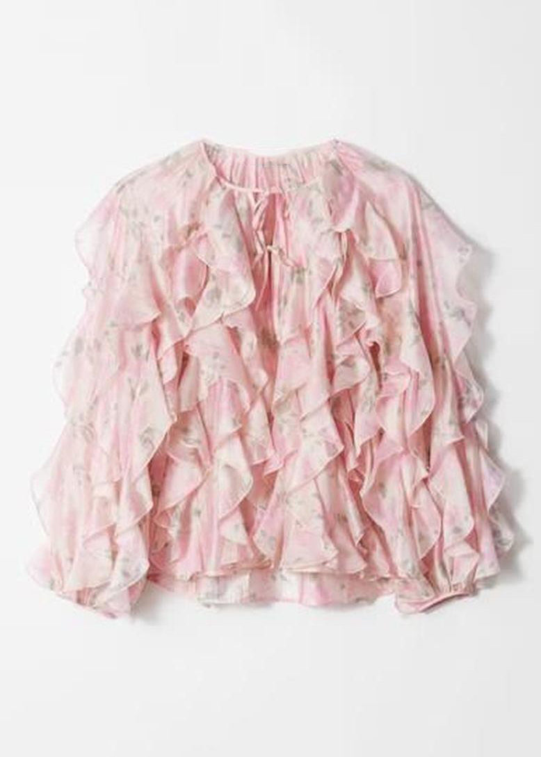 Shirt Women Tops Fall Patchwork Ruffled Chiffon Pink FashionChic