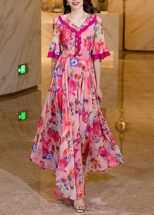 Women Pink Summer Dress Print Chiffon Long Ruffled FashionChic