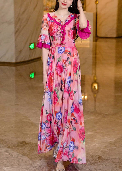 Women Pink Summer Dress Print Chiffon Long Ruffled FashionChic