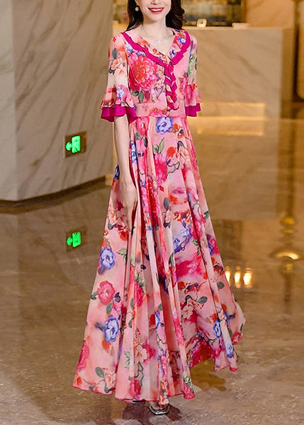 Women Pink Summer Dress Print Chiffon Long Ruffled FashionChic