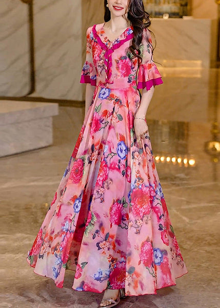 Women Pink Summer Dress Print Chiffon Long Ruffled FashionChic