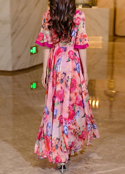 Women Pink Summer Dress Print Chiffon Long Ruffled FashionChic
