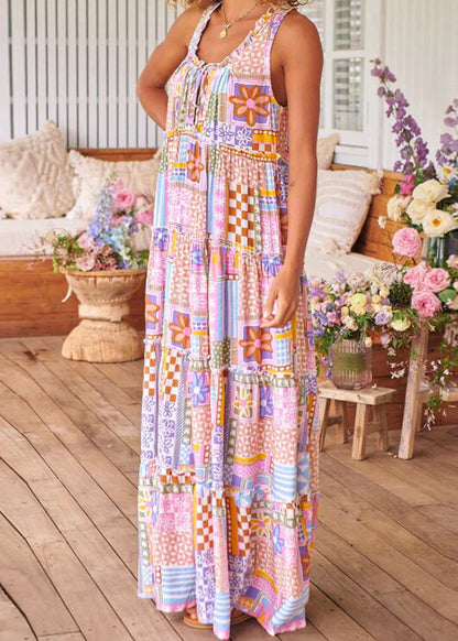 Women Pink Ruffled Print Cotton Long Dresses Sleeveless AA1029 Ada Fashion