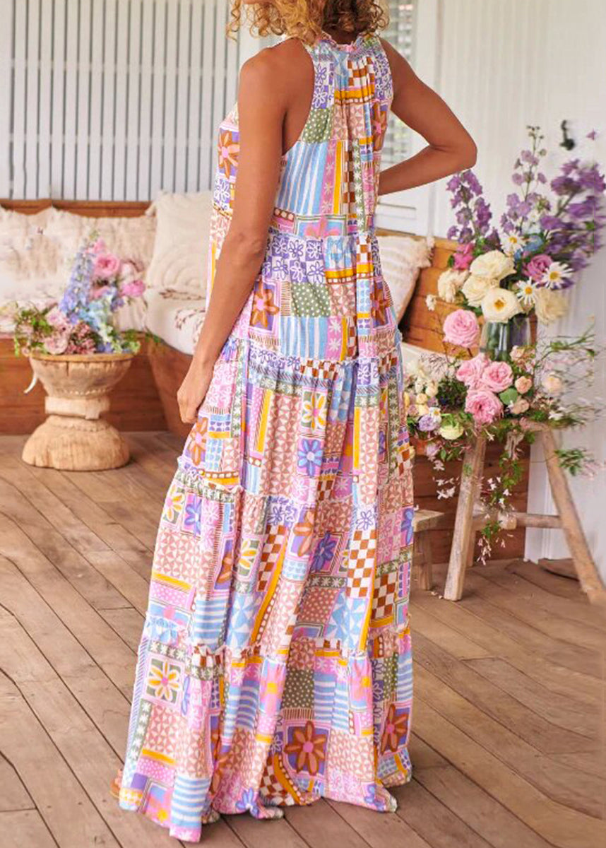 Women Pink Ruffled Print Cotton Long Dresses Sleeveless AA1029 Ada Fashion