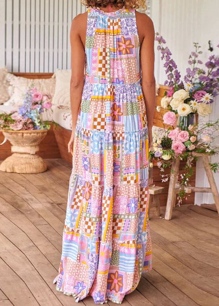 Women Pink Ruffled Print Cotton Long Dresses Sleeveless AA1029 Ada Fashion