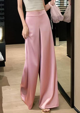 Pants Summer Silk High Women Leg Solid Pink Waist Wide FashionChic