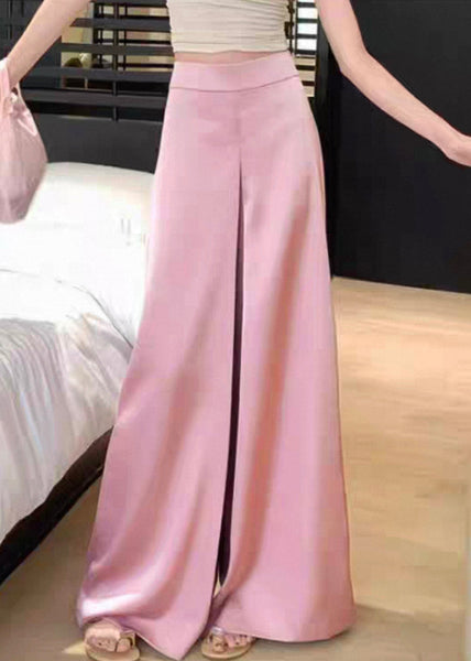 Pants Summer Silk High Women Leg Solid Pink Waist Wide FashionChic