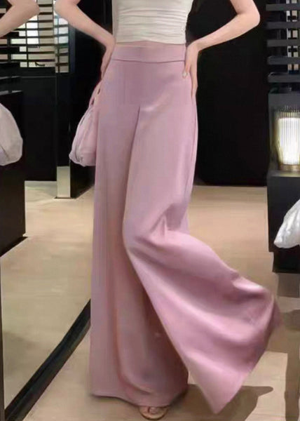 Pants Summer Silk High Women Leg Solid Pink Waist Wide FashionChic