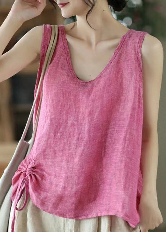 Women Pink Solid V Neck Lace Up Cotton Tank Sleeveless GH1064 Ada Fashion