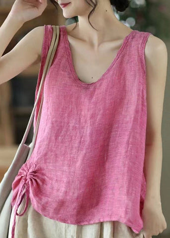 Women Pink Solid V Neck Lace Up Cotton Tank Sleeveless GH1064 Ada Fashion