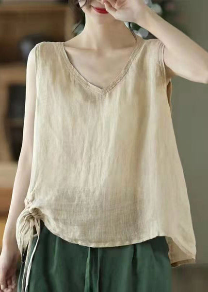 Women Pink Solid V Neck Lace Up Cotton Tank Sleeveless GH1064 Ada Fashion