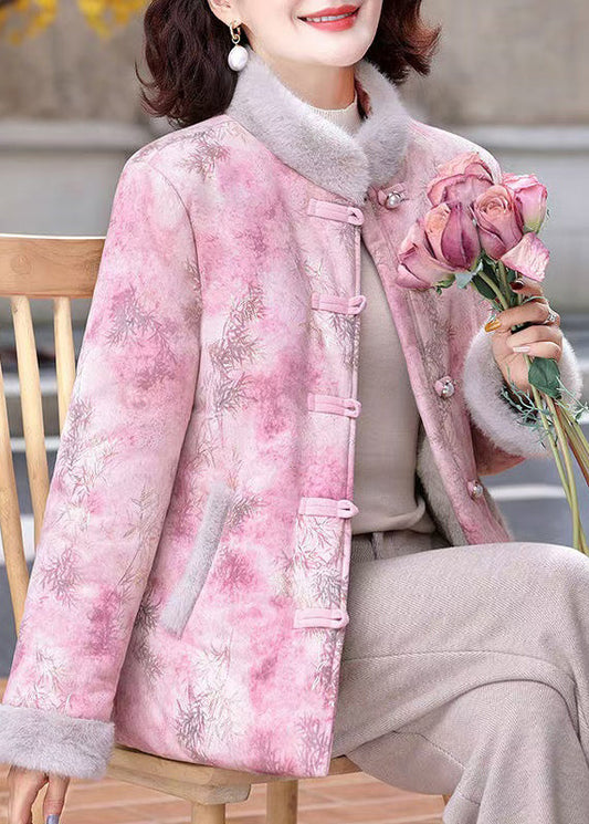 Women Pink Stand Collar Print Patchwork Warm Fleece Parkas Winter RZ037 ABC