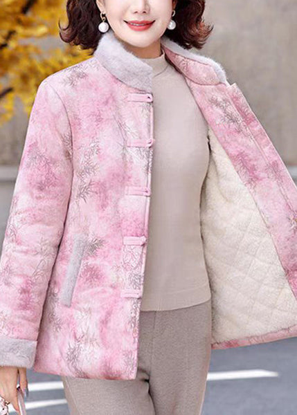 Women Pink Stand Collar Print Patchwork Warm Fleece Parkas Winter RZ037 ABC