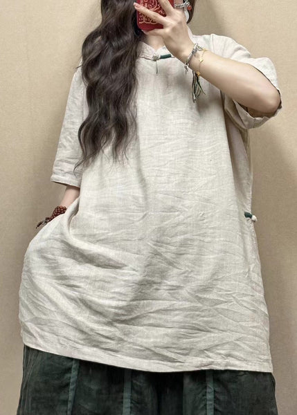 Women Pink Stand Collar Side Open Linen Blouses Half Sleeve GG017 MZF-HTP240610