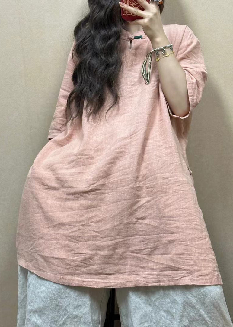 Women Pink Stand Collar Side Open Linen Blouses Half Sleeve GG017 MZF-HTP240610