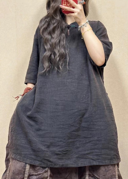 Women Pink Stand Collar Side Open Linen Blouses Half Sleeve GG017 MZF-HTP240610