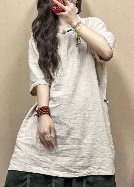 Women Pink Stand Collar Side Open Linen Blouses Half Sleeve GG017 MZF-HTP240610