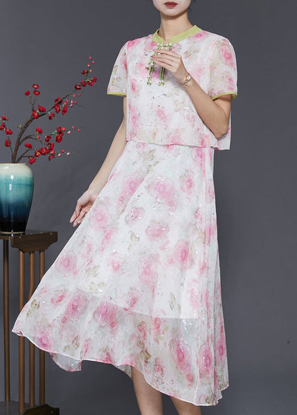Women Pink Tasseled Patchwork Print Silk Dress Summer SD1058 Ada Fashion