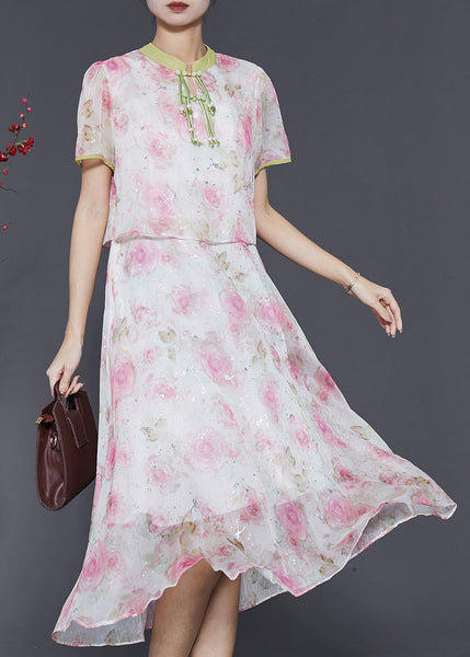 Women Pink Tasseled Patchwork Print Silk Dress Summer SD1058 Ada Fashion