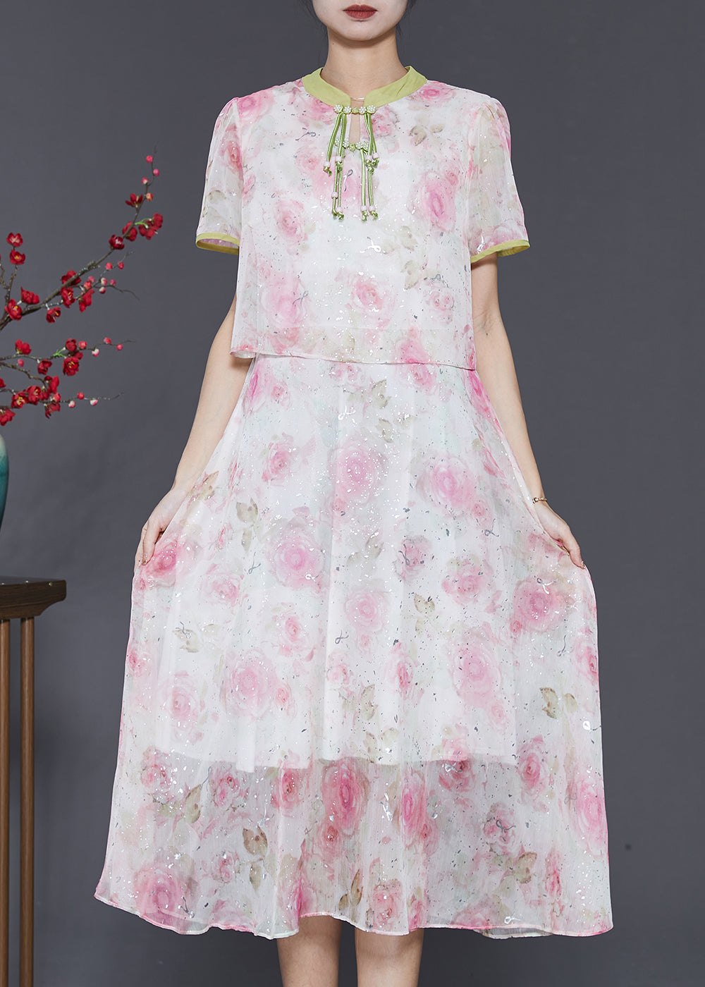 Women Pink Tasseled Patchwork Print Silk Dress Summer SD1058 Ada Fashion