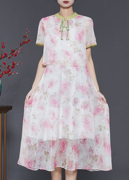 Women Pink Tasseled Patchwork Print Silk Dress Summer SD1058 Ada Fashion