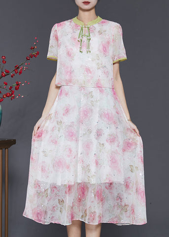 Women Pink Tasseled Patchwork Print Silk Dress Summer SD1058 Ada Fashion