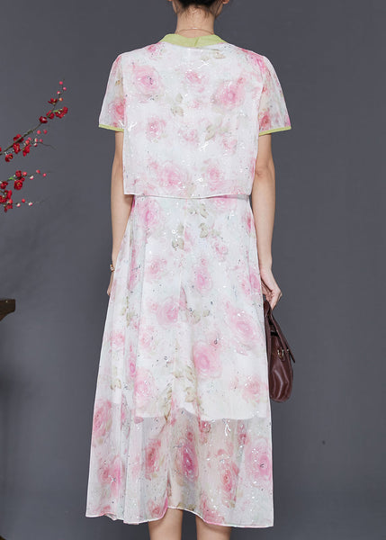 Women Pink Tasseled Patchwork Print Silk Dress Summer SD1058 Ada Fashion