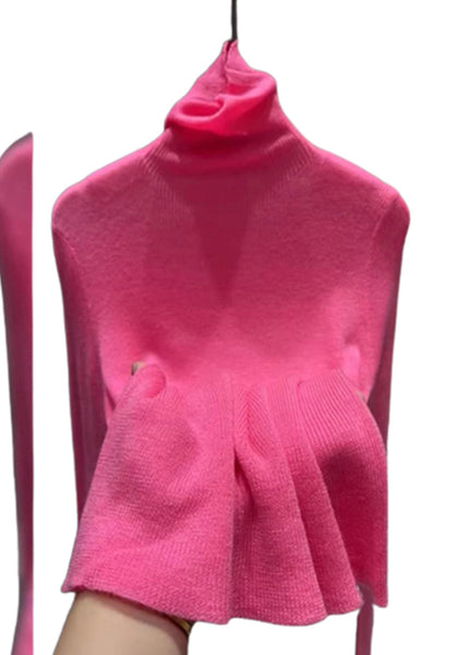 Women Pink Turtleneck Cotton Knit Sweater Tops Spring TO025