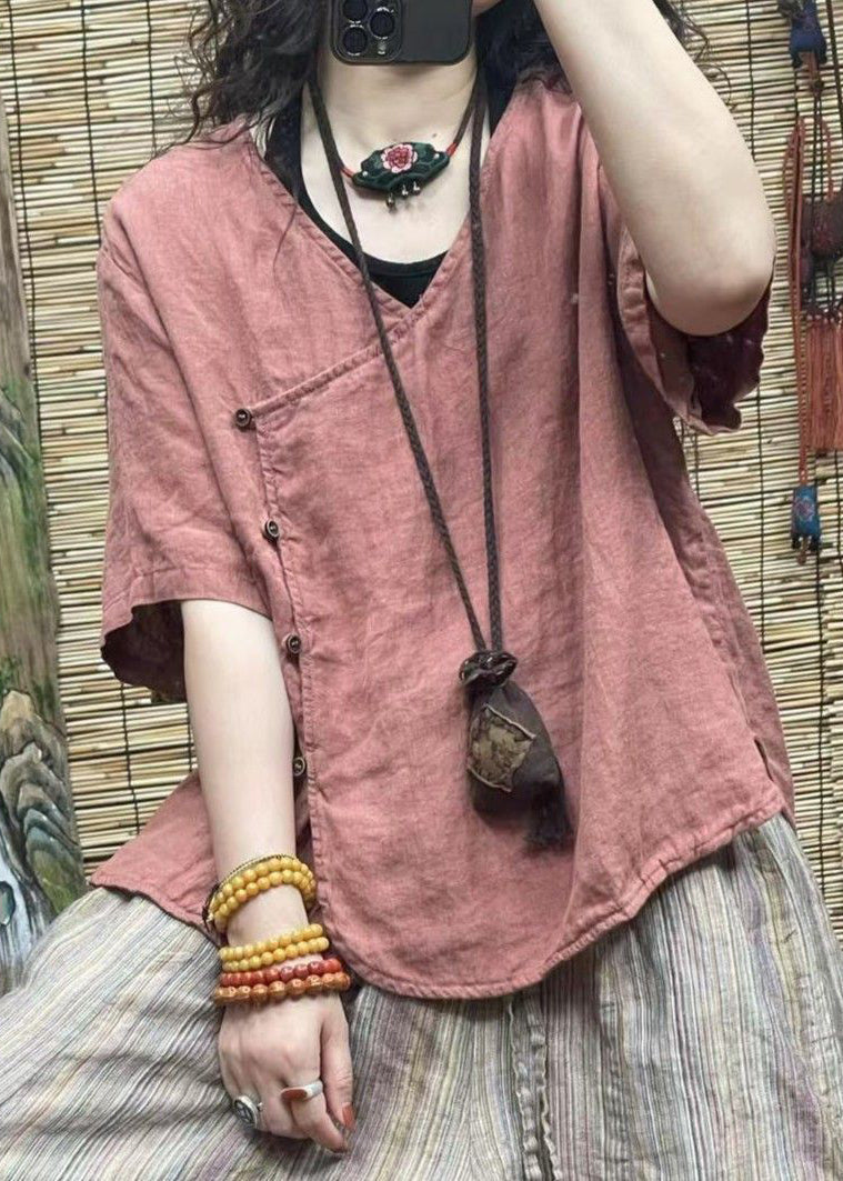 Women Pink V Neck Button Solid Cotton Shirt Summer VV060 HS-STP240627