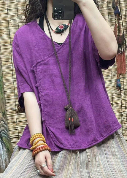 Women Pink V Neck Button Solid Cotton Shirt Summer VV060 HS-STP240627