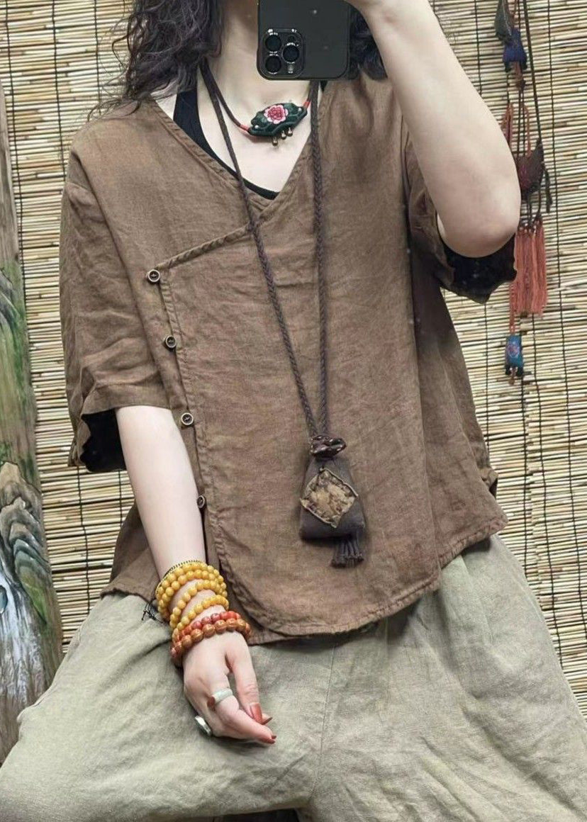 Women Pink V Neck Button Solid Cotton Shirt Summer VV060 HS-STP240627