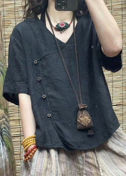 Women Pink V Neck Button Solid Cotton Shirt Summer VV060 HS-STP240627