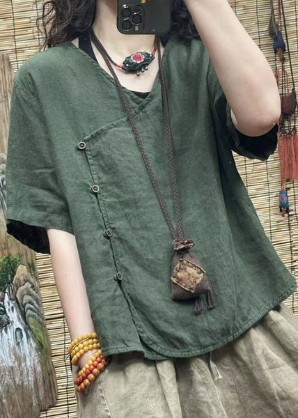 Women Pink V Neck Button Solid Cotton Shirt Summer VV060 HS-STP240627