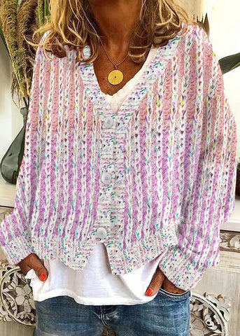 Neck Cardigan Pink Women Cozy V Striped Spring Knit FashionChic