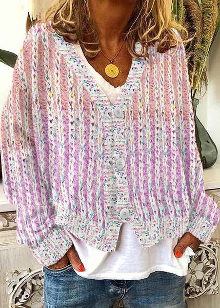 Neck Cardigan Pink Women Cozy V Striped Spring Knit FashionChic