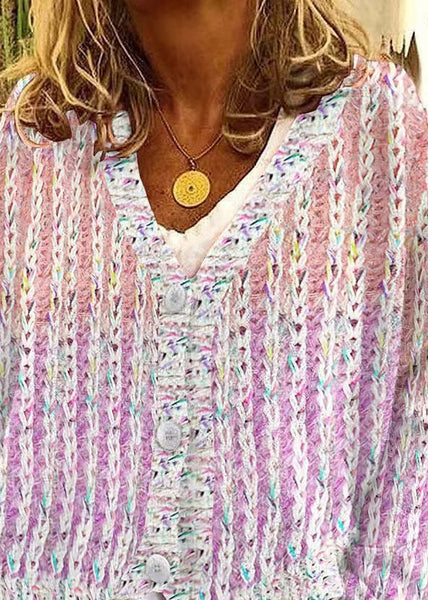 Neck Cardigan Pink Women Cozy V Striped Spring Knit FashionChic